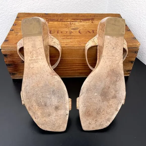 Stuart Weitzman Cork Wedge Sandals 9.5 Women’s Slip-On Strappy Nude Summer Heel - Picture 9 of 10